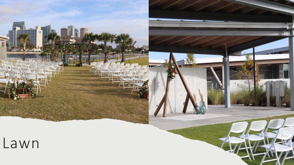 chairs lined up for a wedding ceremony on the grass facing the river 