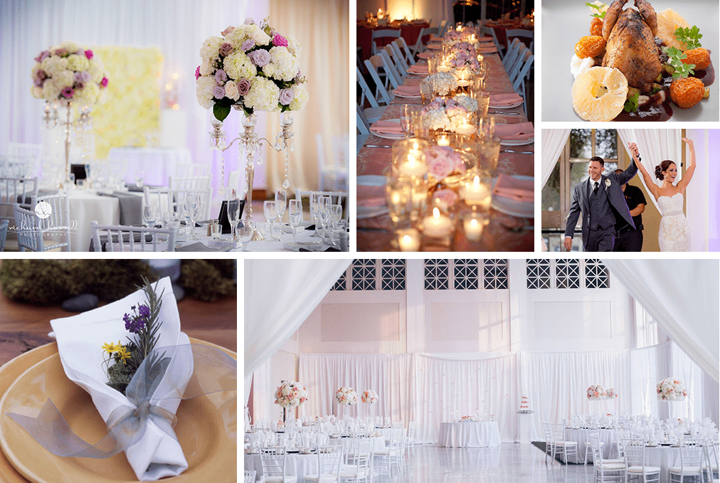 collage of wedding reception spaces, napkins, couples, candles, and centerpieces